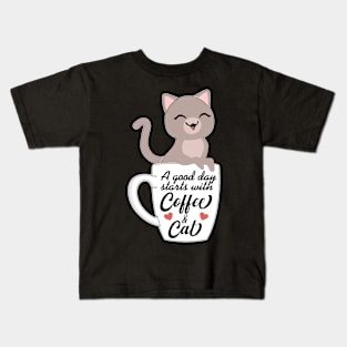 Funny A Good Day Starts With Coffee And Cat Kids T-Shirt